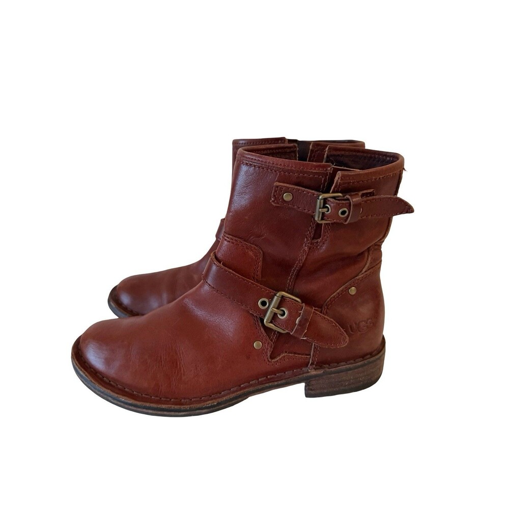 UGG Women's Fabrizia Short Moto Motorcycle Boot Size 6 Brown Leather Buckles